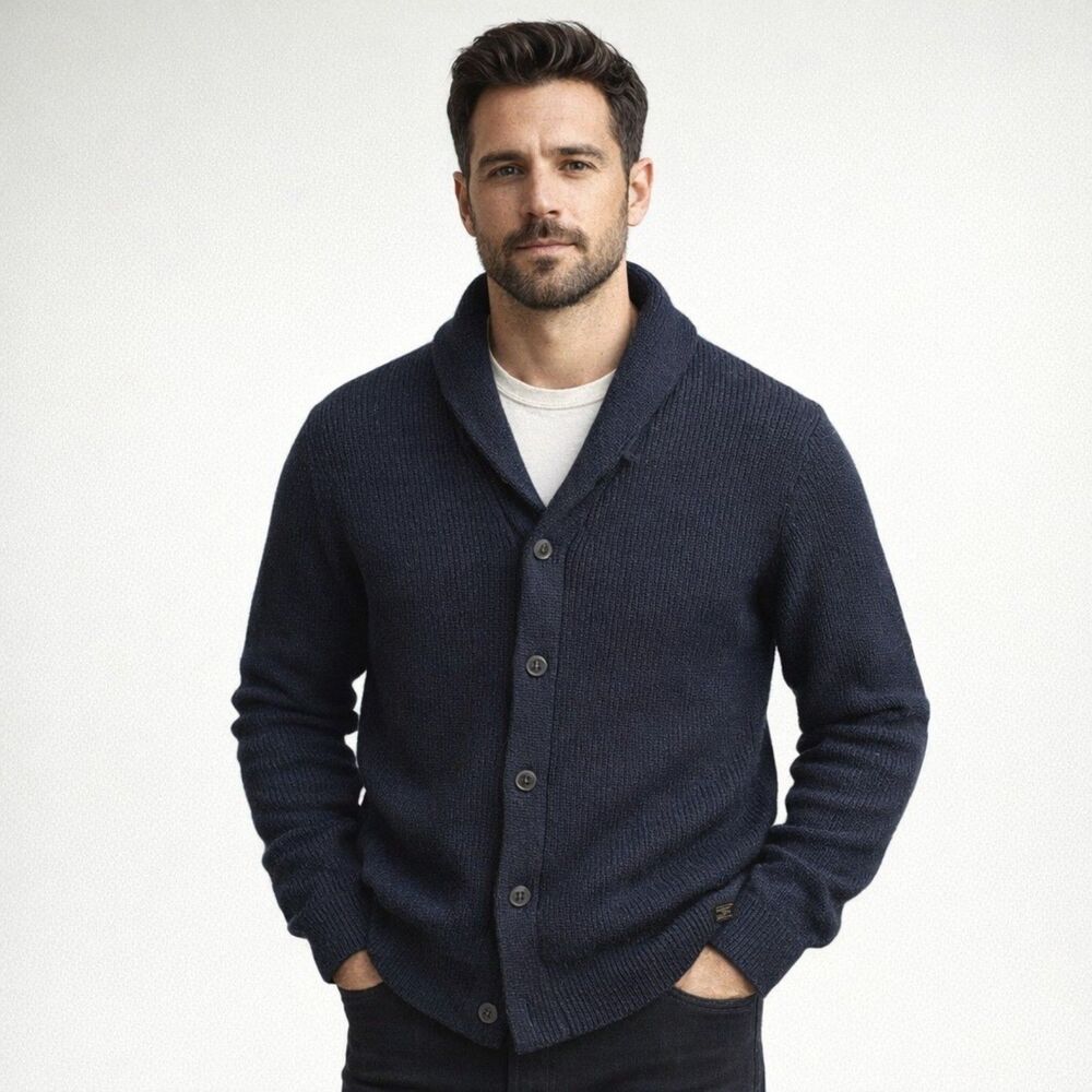LOGG H&M Shawl Collar Cardigan Mens Sz L Navy 100% Cotton Chunky Grandpa Sweater